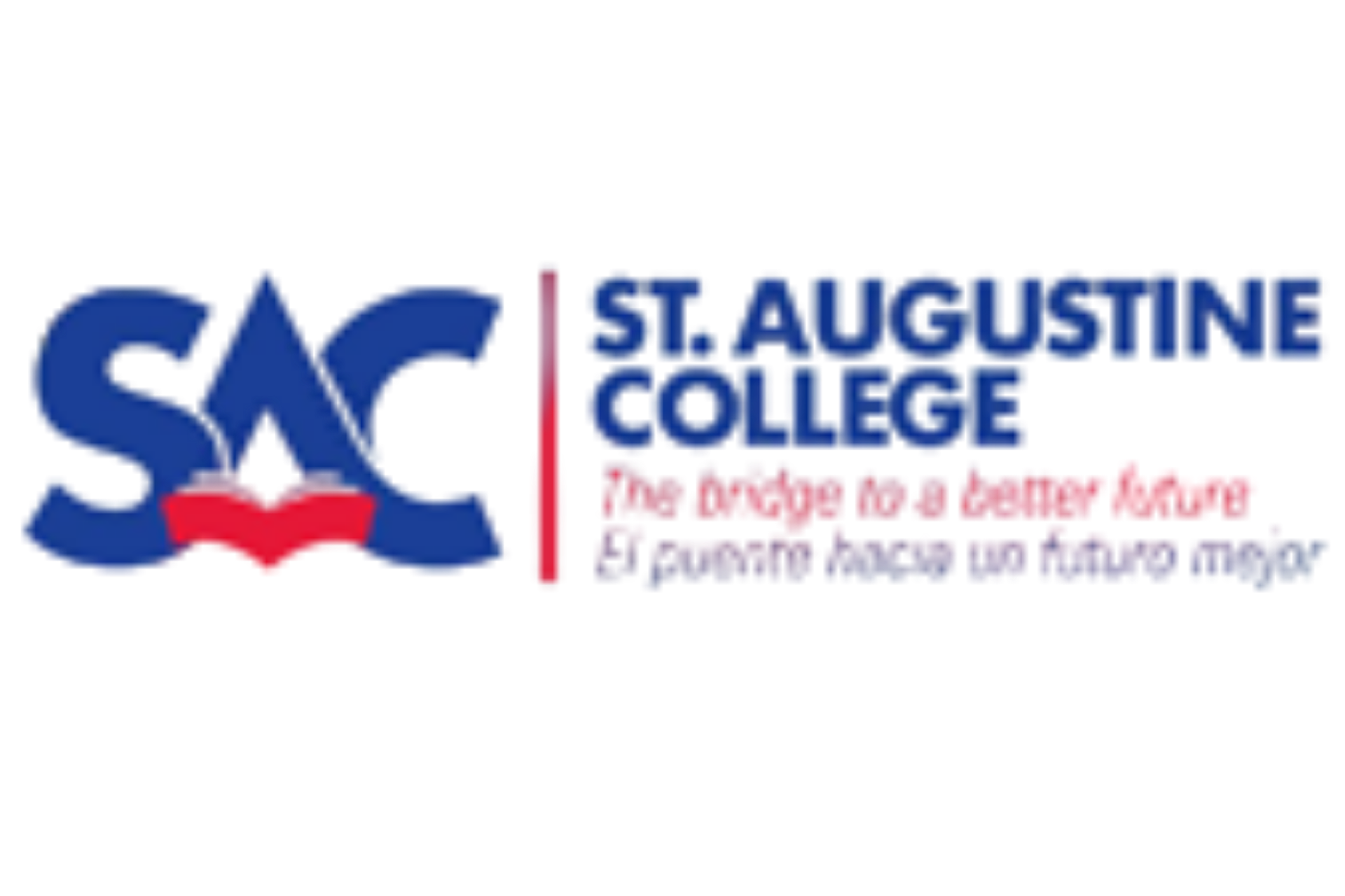 St. Augustine College logo in blue and red with bilingual slogan “The bridge to a better future / El puente hacia un futuro mejor”