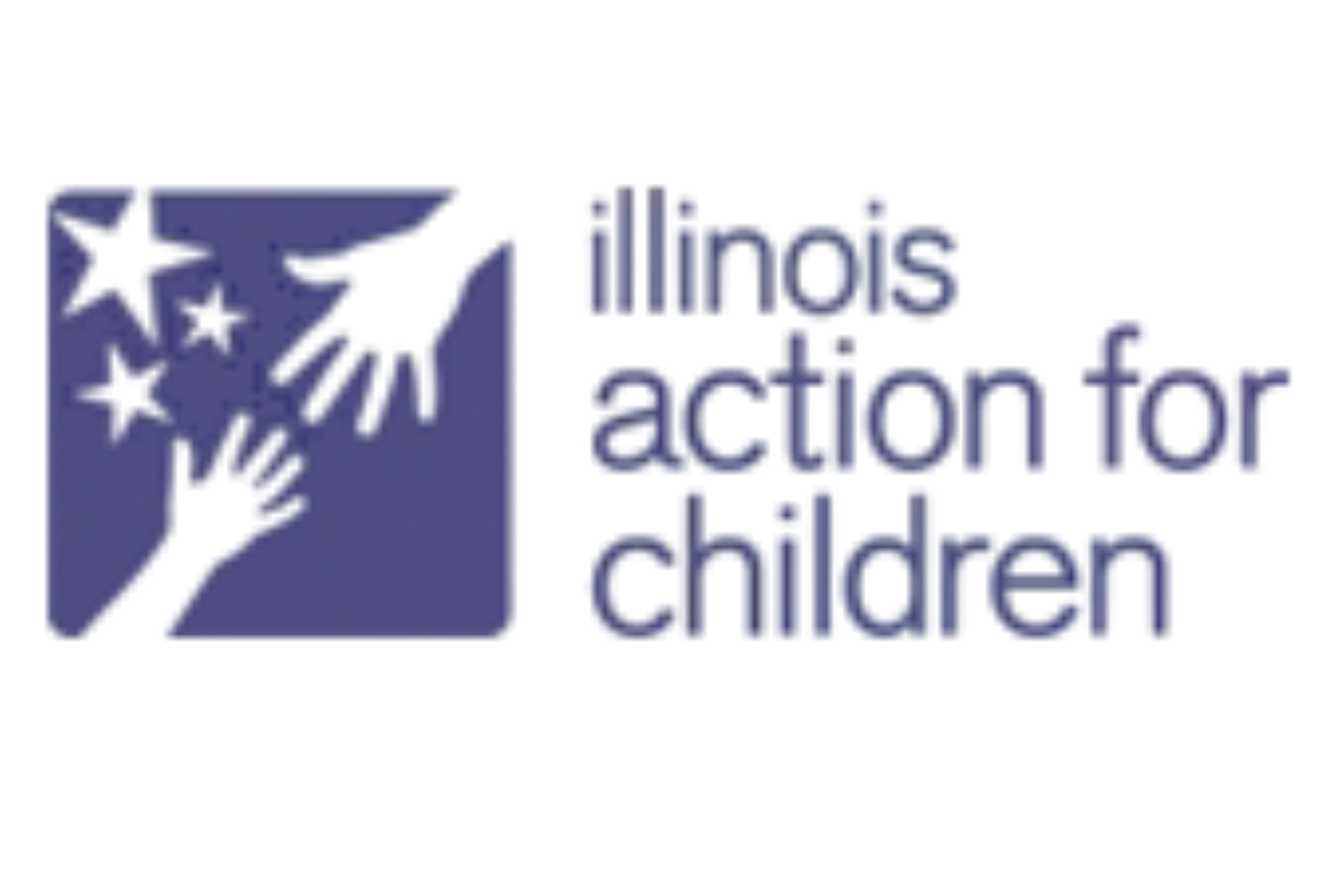 Illinois Action for Children logo with white hands and stars on a purple square, beside purple text