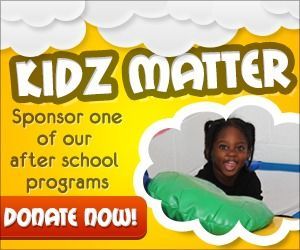 “Kidz Matter” after-school programs donation ad with smiling child and “Donate Now!” button