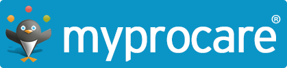 MyProcare logo with blue background and a smiling mascot icon