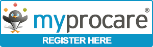 Myprocare logo with “REGISTER HERE” button on blue banner