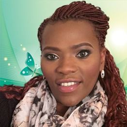 Smiling woman with braided hair, patterned scarf, and butterfly graphic on a green background