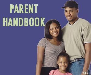 Parent handbook cover with three smiling people on a purple background