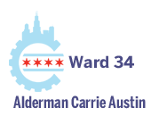 Ward 34 logo with light blue gear, red stars, and “Alderman Carrie Austin” text