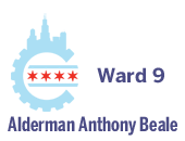 Ward 9 logo with light blue city silhouette and red stars, reading “Alderman Anthony Beale”