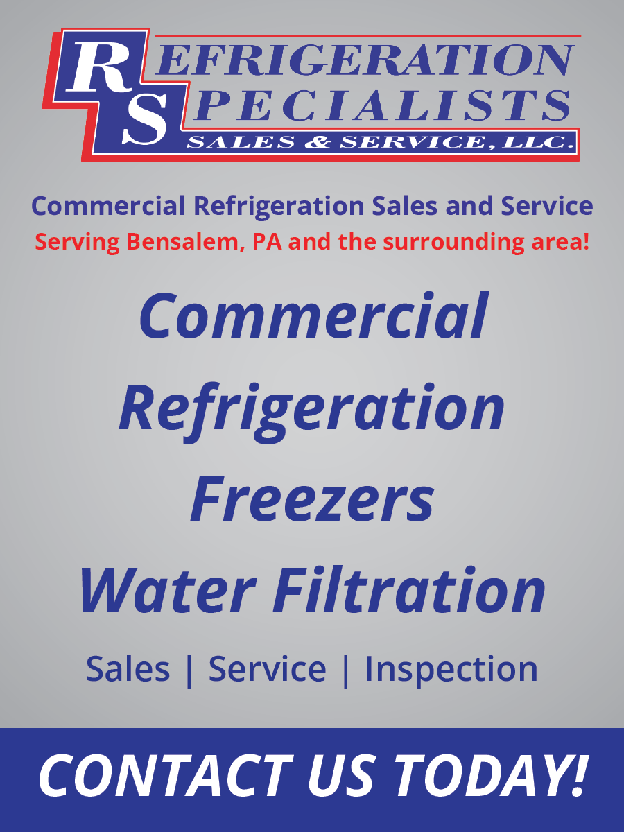 Refrigeration Specialists ad with logo, commercial refrigeration, freezers, water filtration, and contact call-to-action