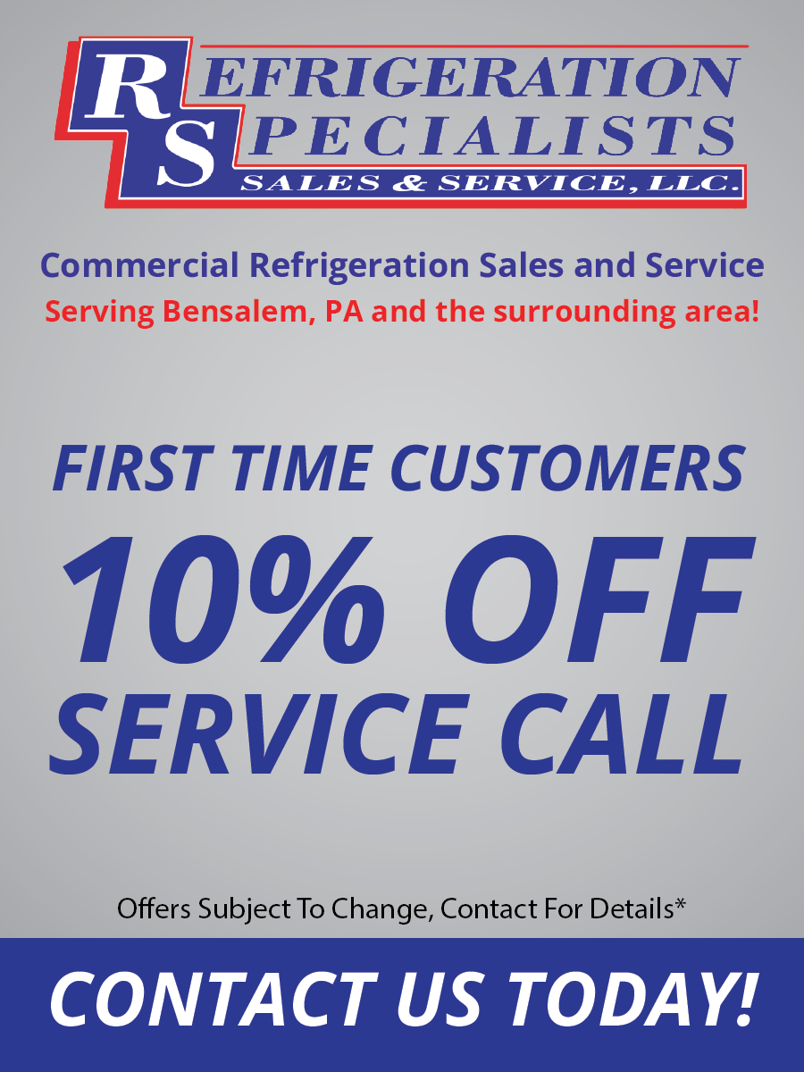 Blue and white ad for Refrigeration Specialists offering first-time customers 10% off a service call.