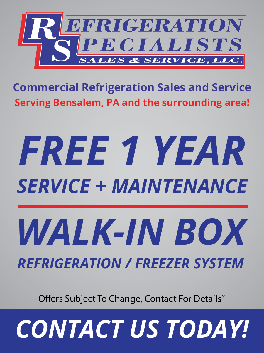 Blue and red ad for Refrigeration Specialists offering free 1-year service and maintenance for walk-in boxes.