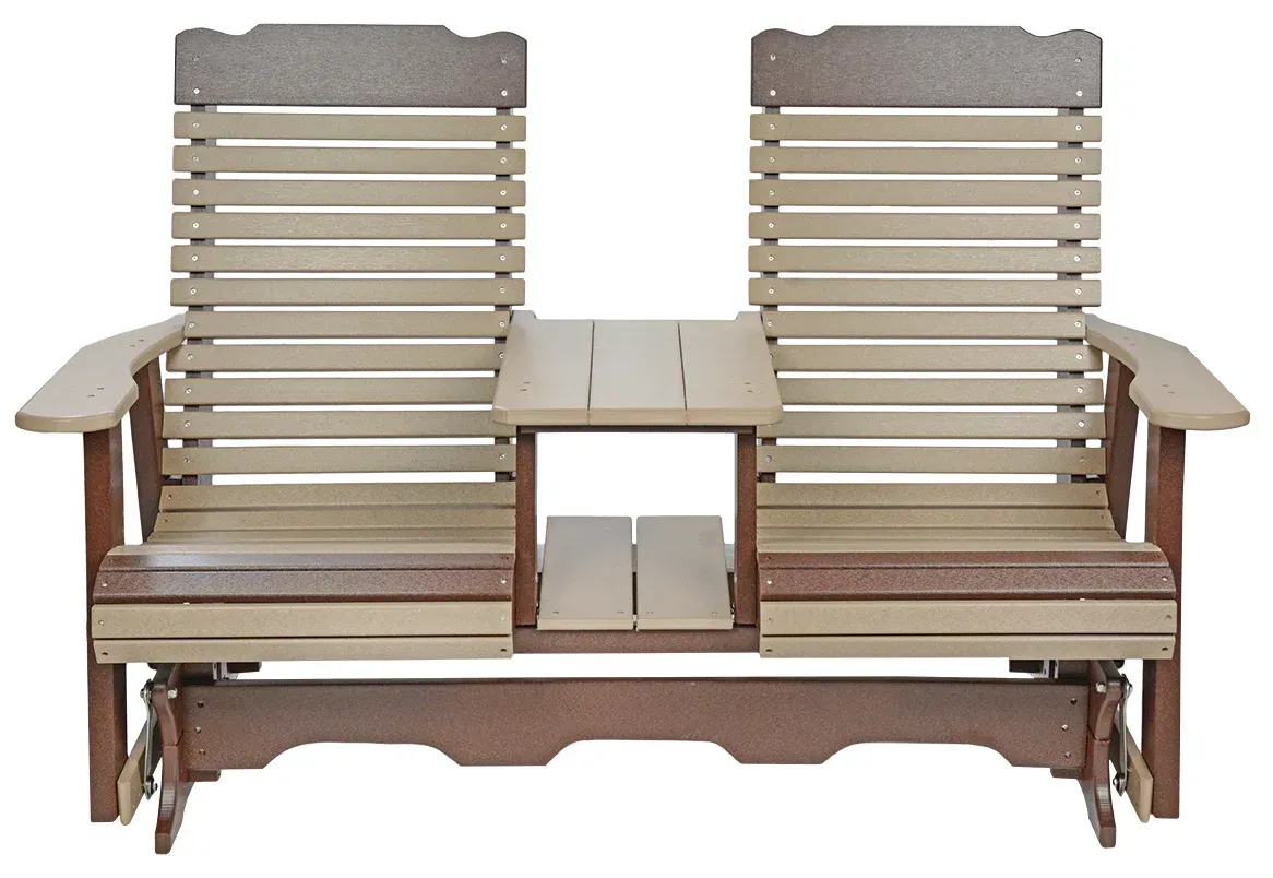 Stone shed Double glider bench with a small center table in tan and brown, suitable for outdoor seating.