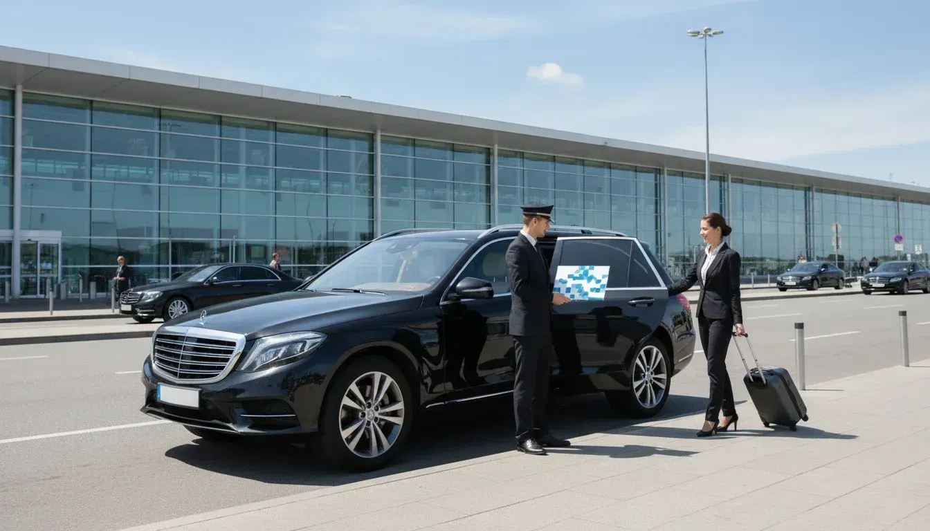 A chauffeur opens the door for a woman with a suitcase near a luxury car at an airport.