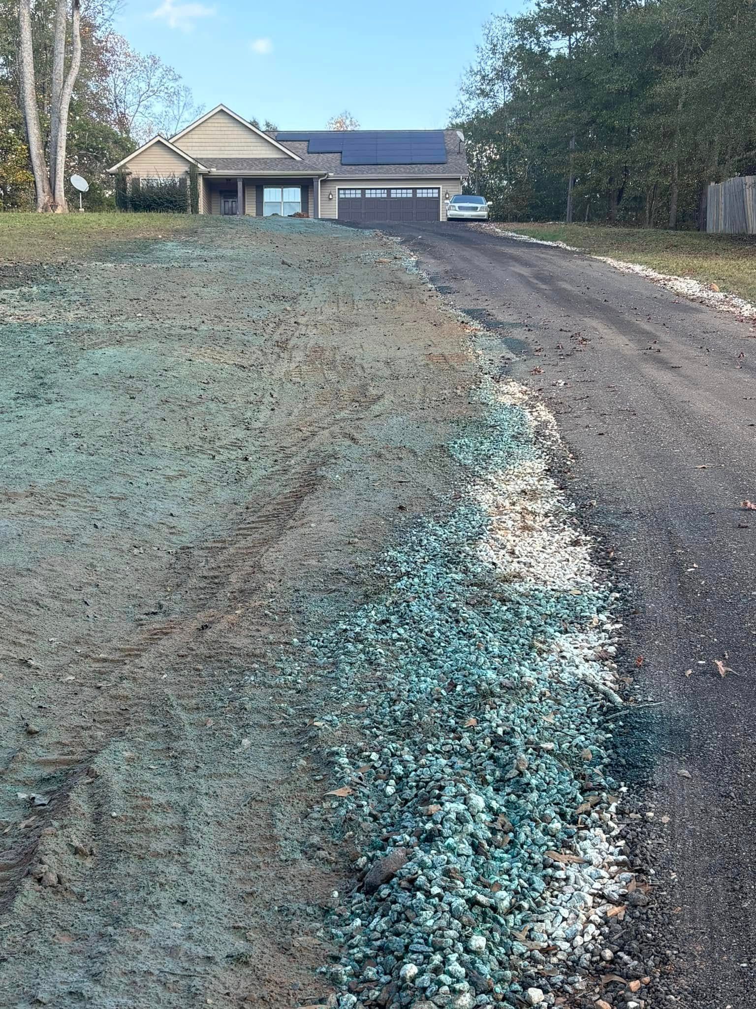 A house with a driveway where grass seed has been applied, tinging the dirt and gravel a blue-green color.