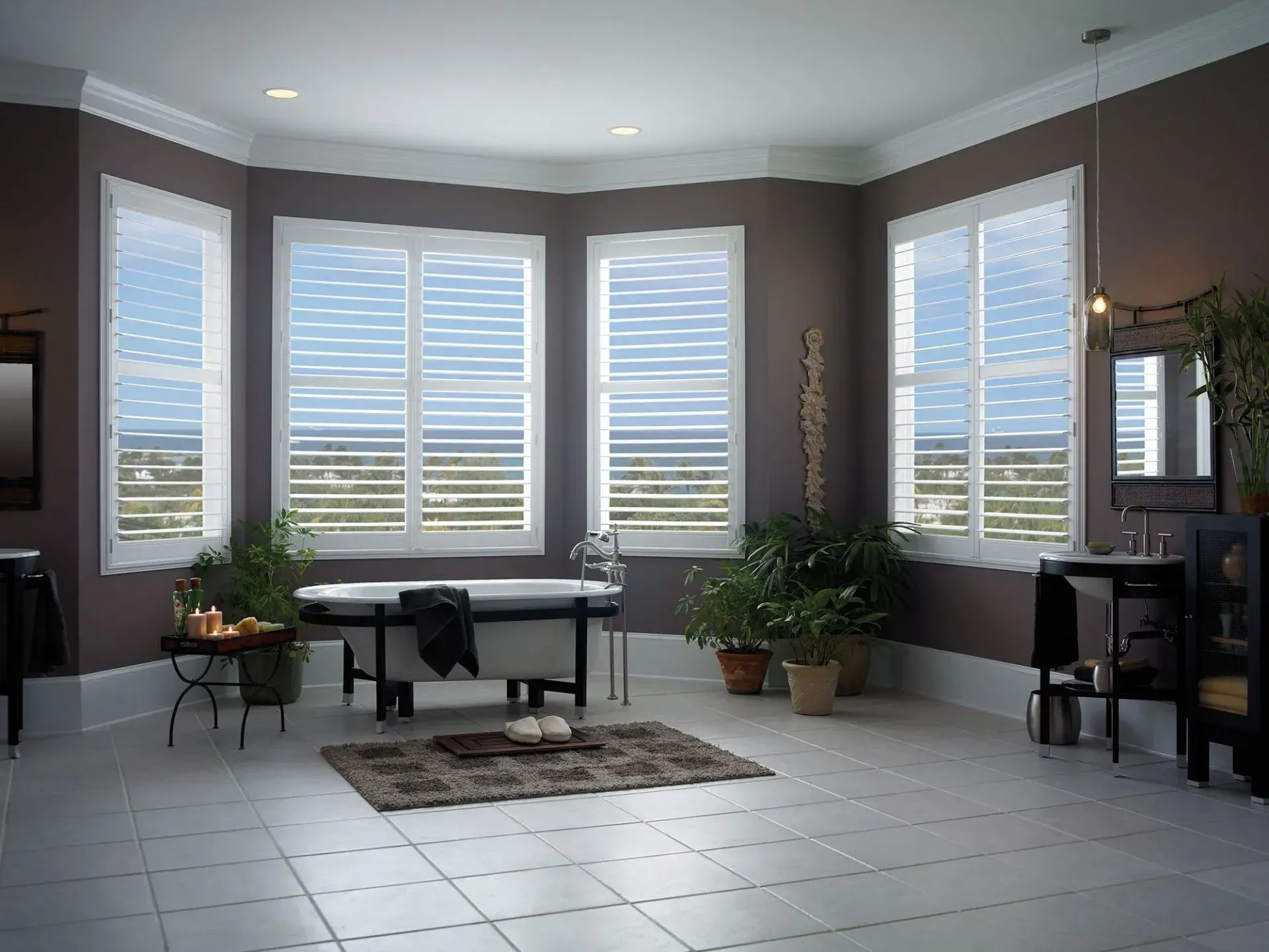 Modern living room with large bay windows, tiled floor, desk, plants, and soft gray walls.