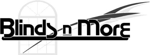 Blinds-n-More logo with black text and a window graphic in gray