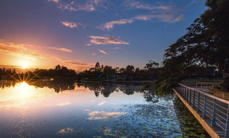 The Sun is Setting Over a Lake With a Bridge in the Foreground — A Grade Tree Services in North Lakes, QLD