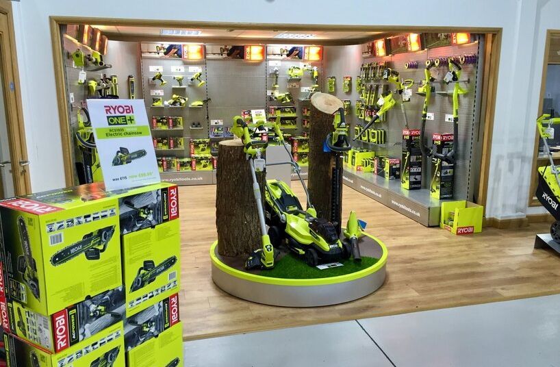 Photograph of Ryobi products on sale at Cyril Johnston Retail Showroom, near Belfast, United Kingdom.