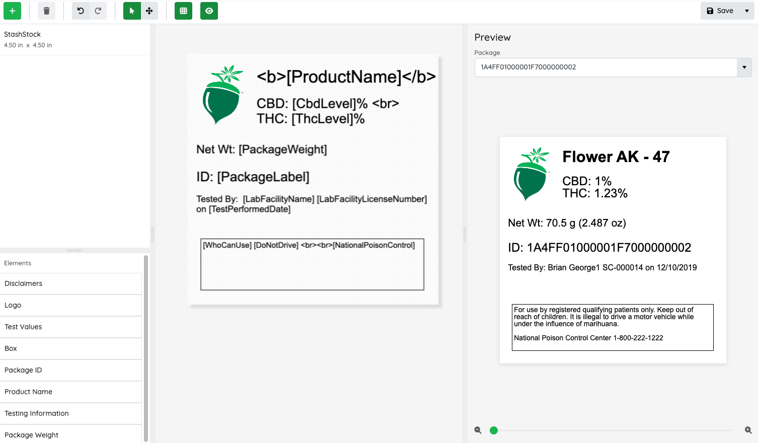 Sample of StashStock's CannaLabel custom label designer