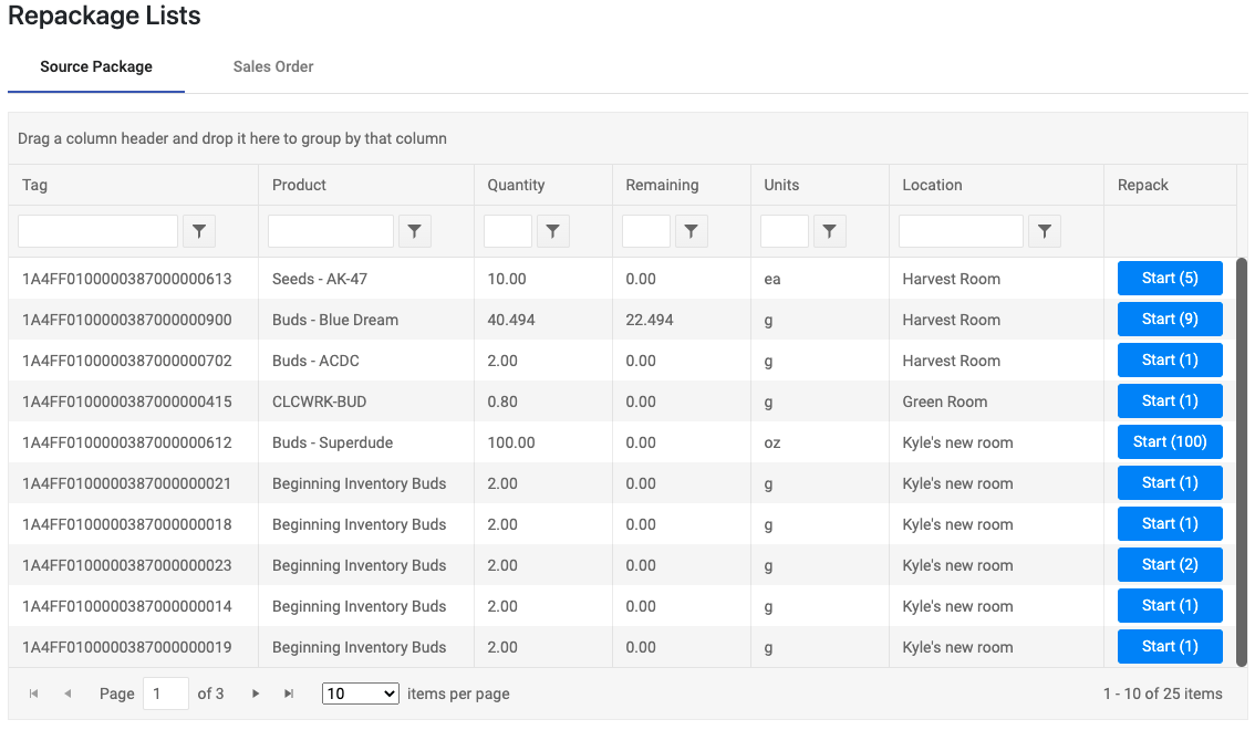Sample repackage list used on StashStock's CannaSales page