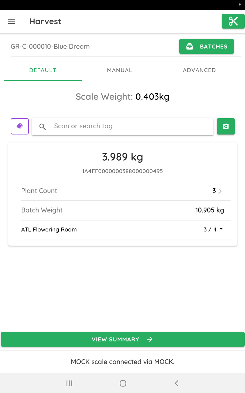 Sample images of what the tablet for StashStock's CannaScale may show while weighing plants during harvest