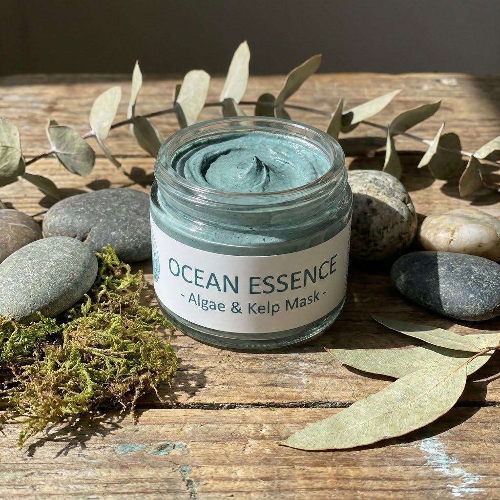 Ocean Essence algae and kelp mask jar on rustic wood with stones and eucalyptus leaves