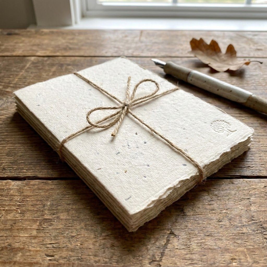 Blank cream paper notebook tied with twine on a rustic wooden table, with a pen and dried leaf nearby