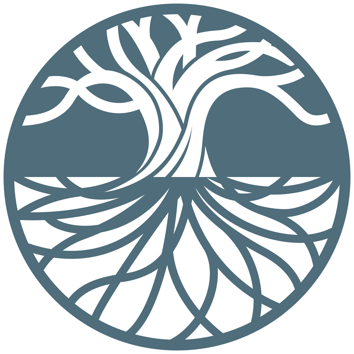 Stylized white tree with swirling roots and branches inside a blue circle logo