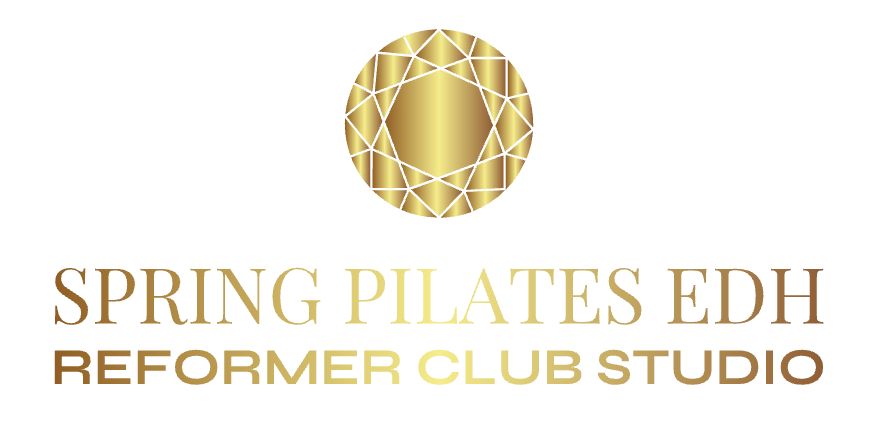 Gold Pilates studio logo with geometric emblem and text &ldquo;Spring Pilates EDH Reformer Club Studio&rdquo;