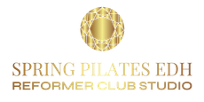 Gold Pilates studio logo with geometric emblem and text &ldquo;Spring Pilates EDH Reformer Club Studio&rdquo;