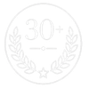 Embossed circular badge with “30+” centered above laurel branches and a small star.
