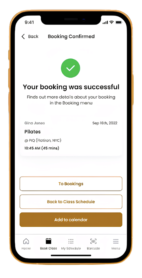 Mobile booking confirmation screen with green checkmark and gold action buttons, showing booking was successful