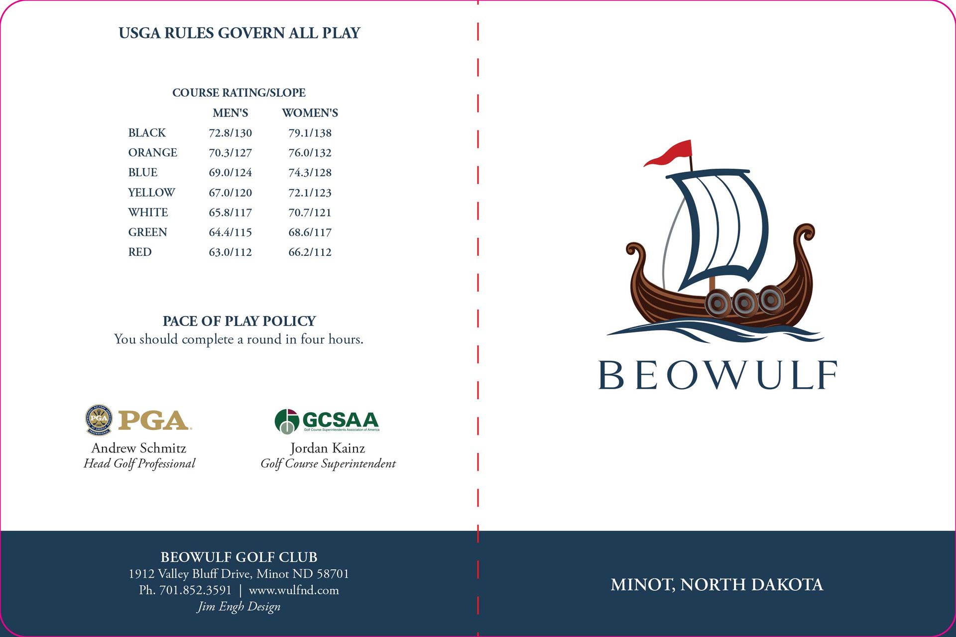 A brochure for beowulf golf club with a viking ship on it.
