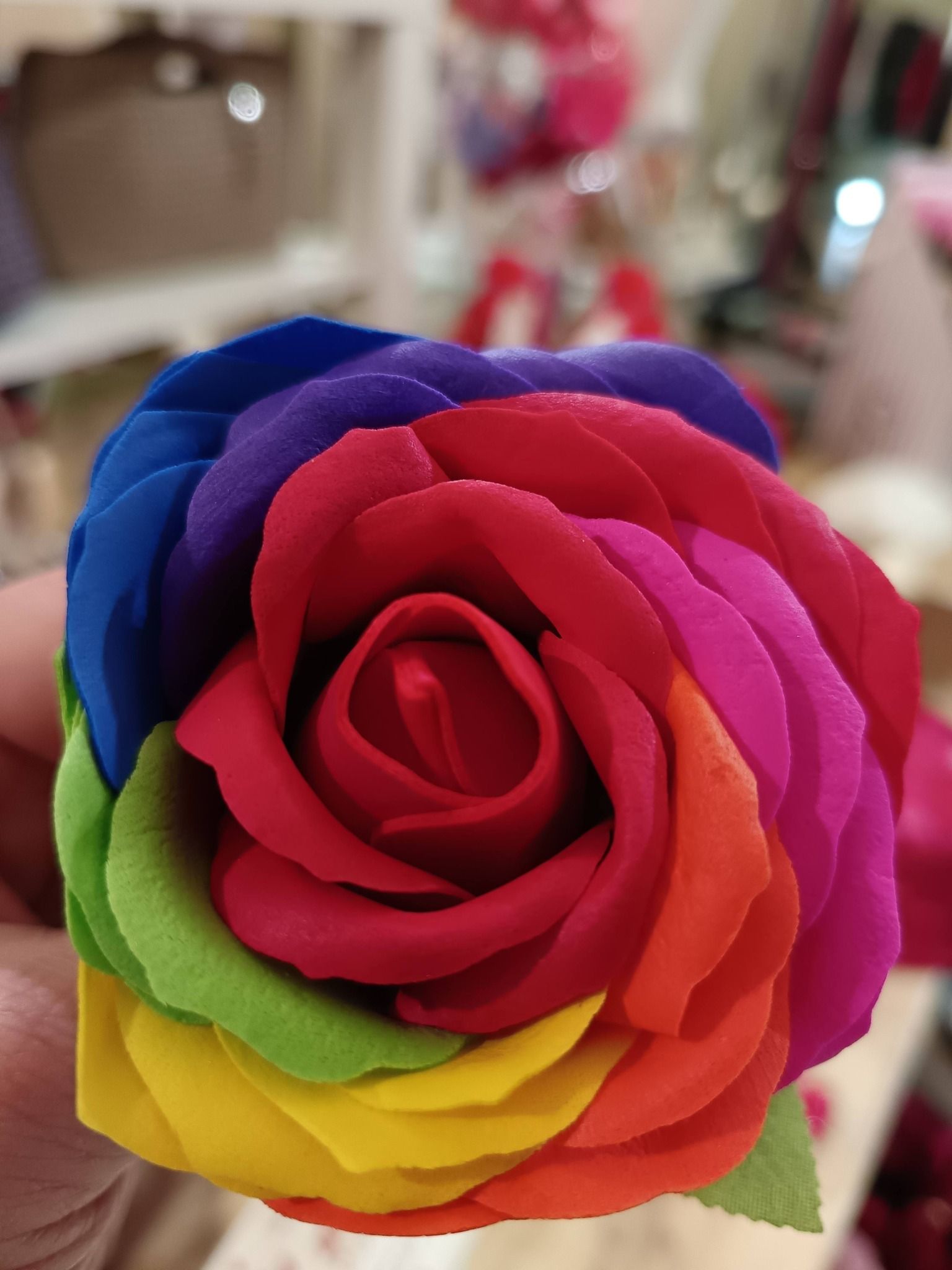 Primo piano di una rosa color arcobaleno, con petali disposti in uno spettro di colori, su uno sfondo sfocato.