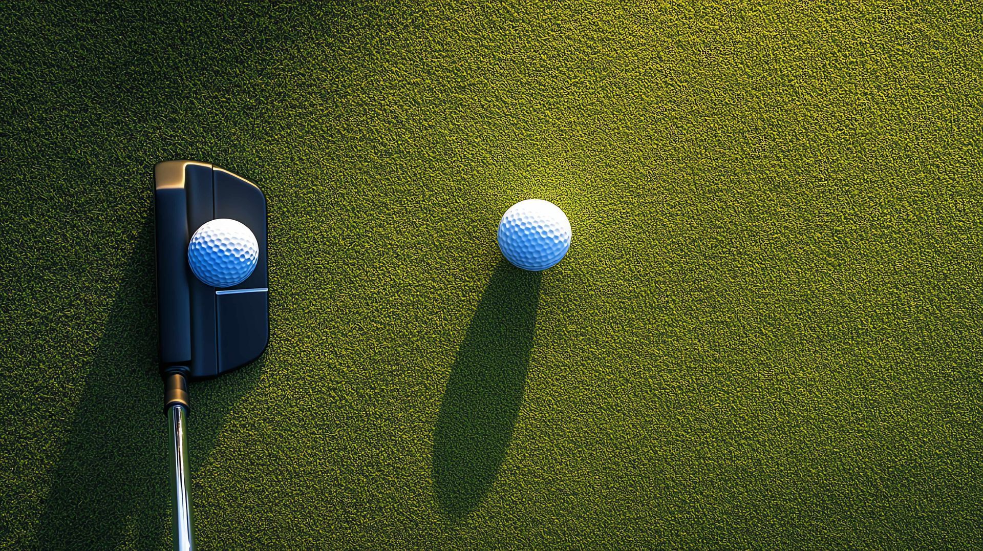 two golf balls and a putter on a putting green