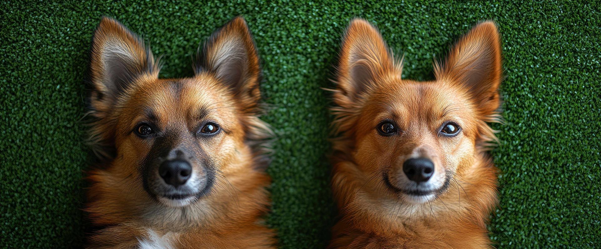 Two dogs laying side-by-side on turf