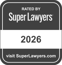 Super Lawyers rating badge, gray and white, with “2026” and “visit SuperLawyers.com”
