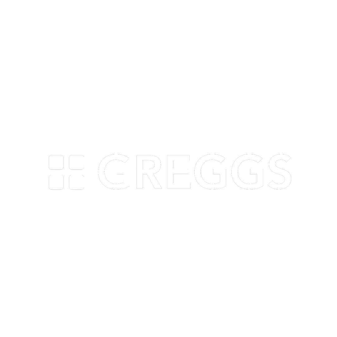 The word greggs is written in white on a white background.