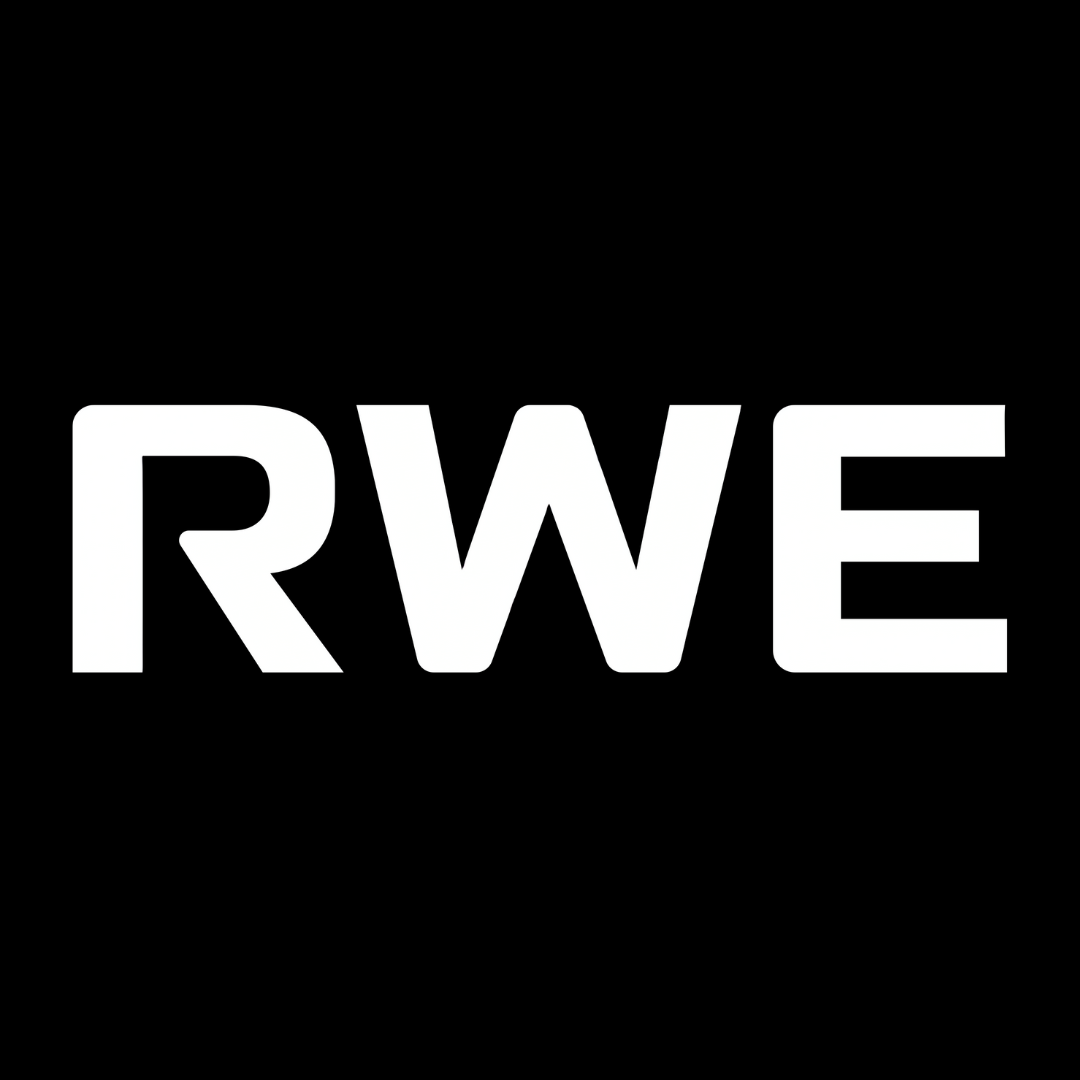 The rwe logo is white on a black background.