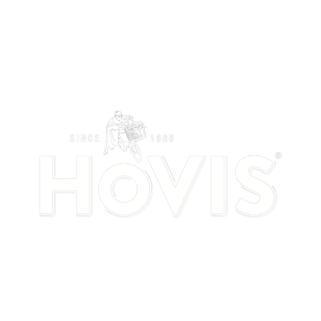 A white logo with a horse on it on a white background.