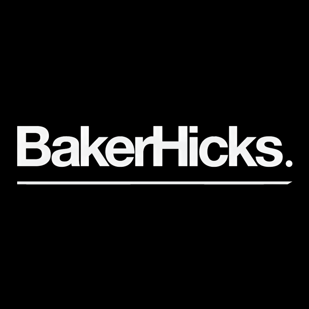 The baker hicks logo is white on a black background.