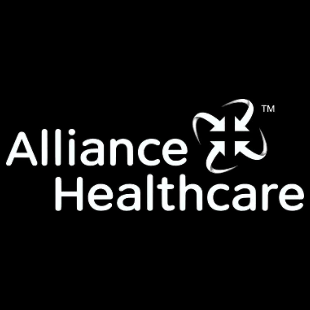 The alliance healthcare logo is white on a black background.