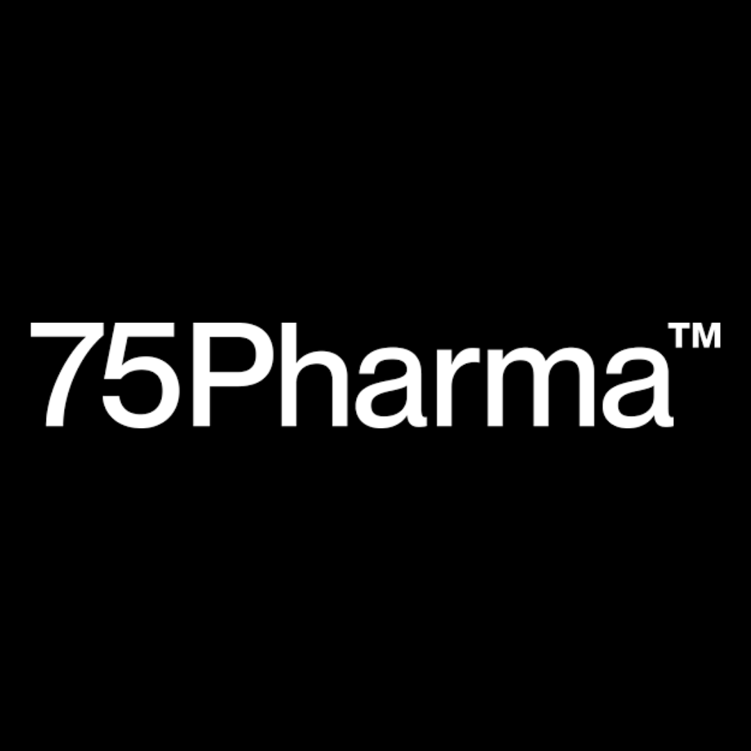 The 75 pharma logo is white on a black background.
