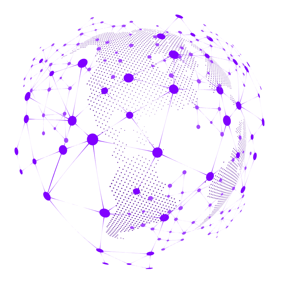 Purple globe with a dotted landmass, encircled by interconnected nodes and lines, representing a network.