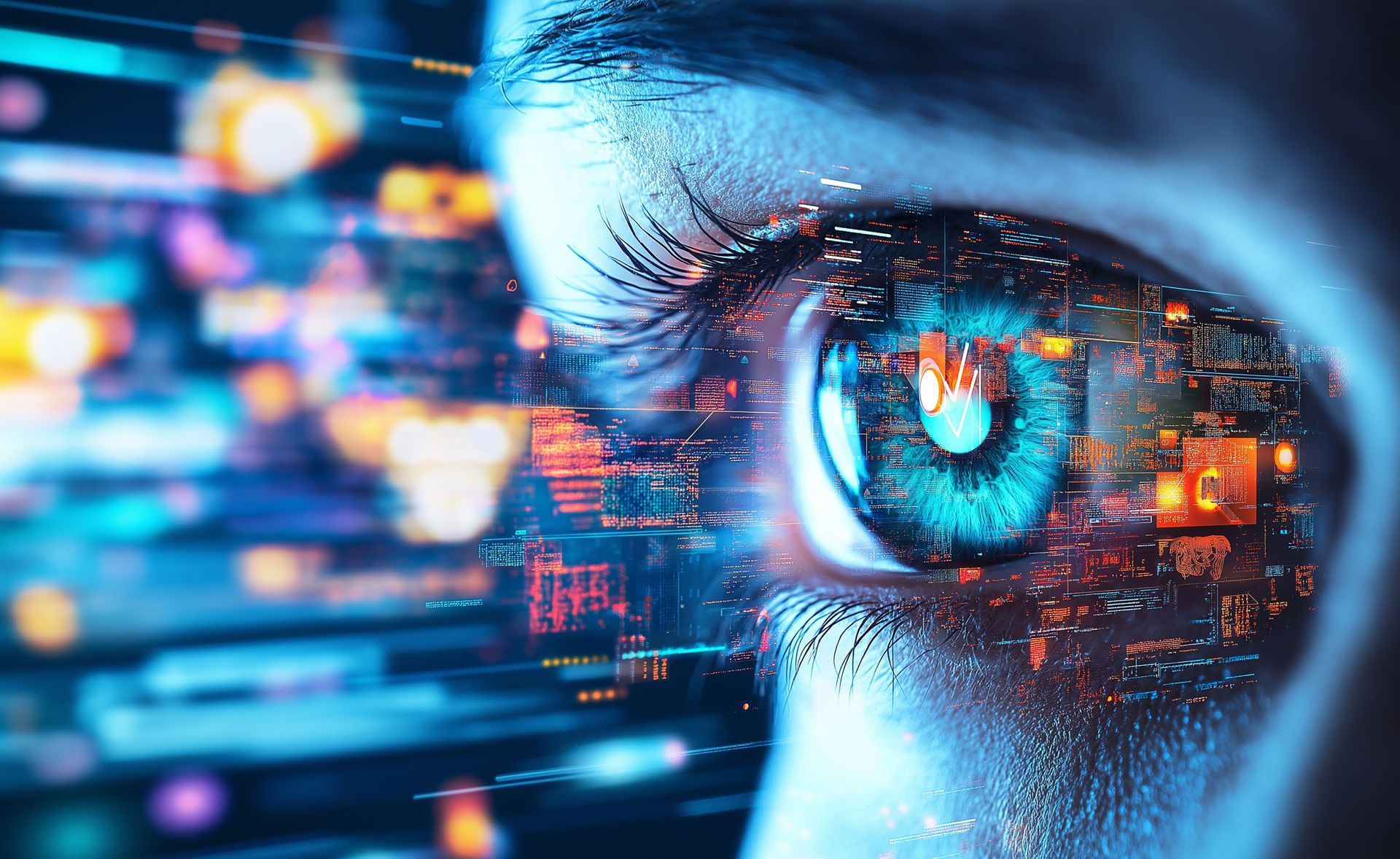 Close-up of eye reflecting futuristic cityscape with data streams in blues and oranges.