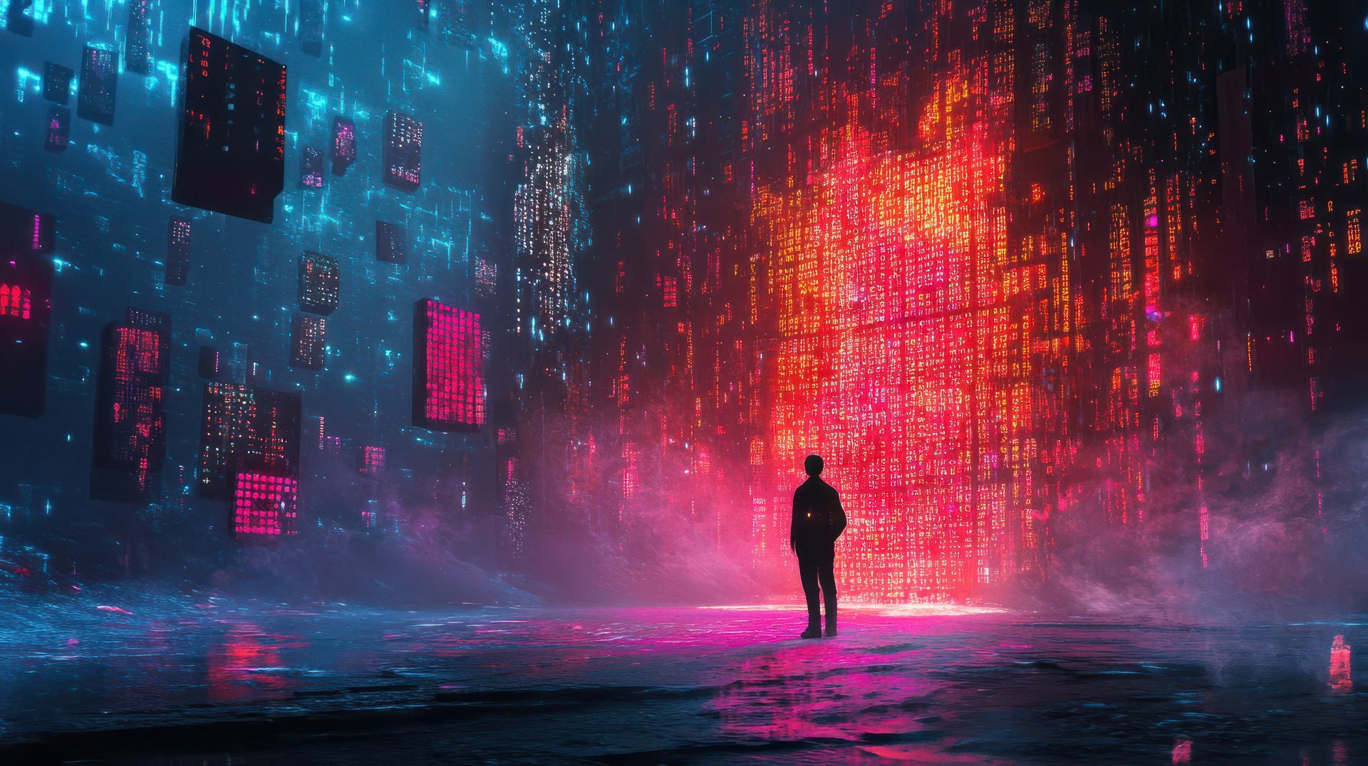 Silhouette of a person facing a glowing red and blue digital landscape. Floating screens and data streams surround them.
