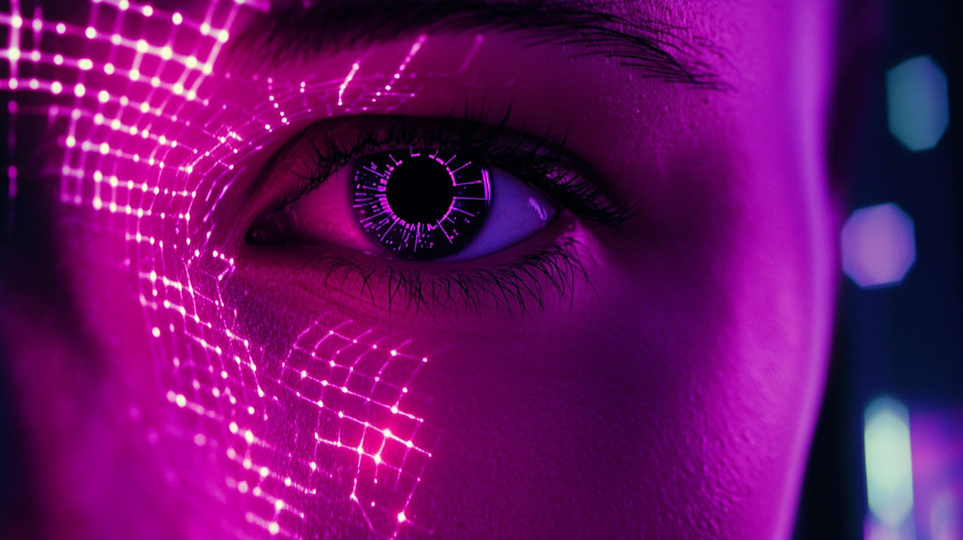 Close-up of a person's eye with a grid of purple digital lines overlaying their face and pupil.