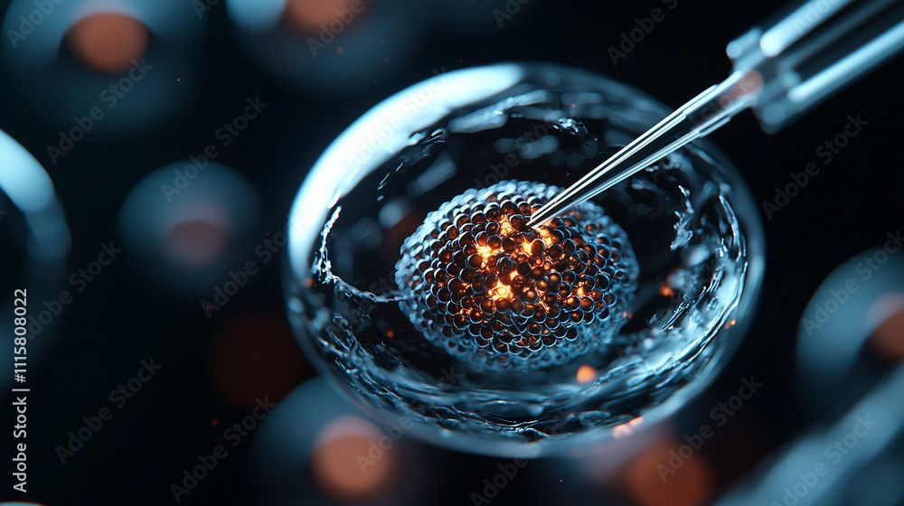 Close-up of a cell being manipulated by a scientific instrument, with a glowing core.