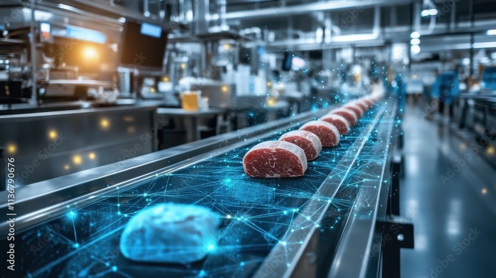 Meat products on a conveyor belt in a factory, with digital overlay showing network connections.