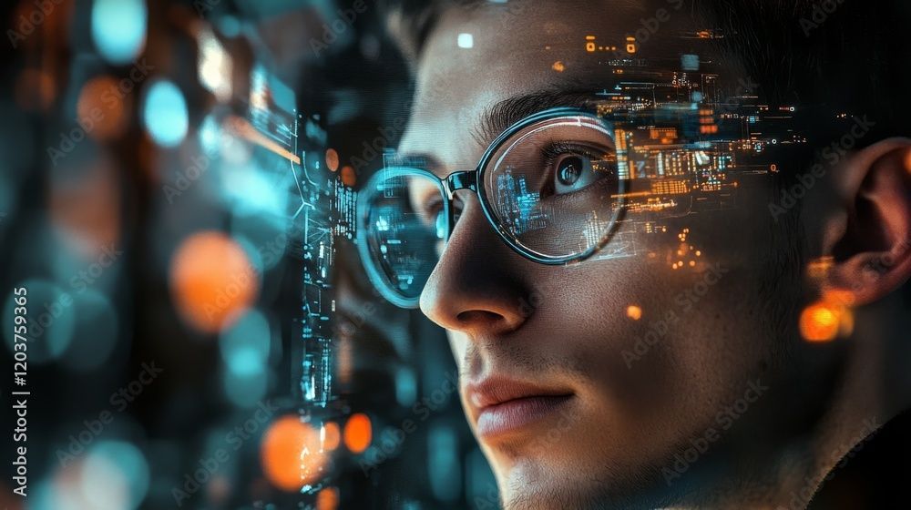 Man with glasses, gazing at a digital interface with blue and orange glowing data in the background.
