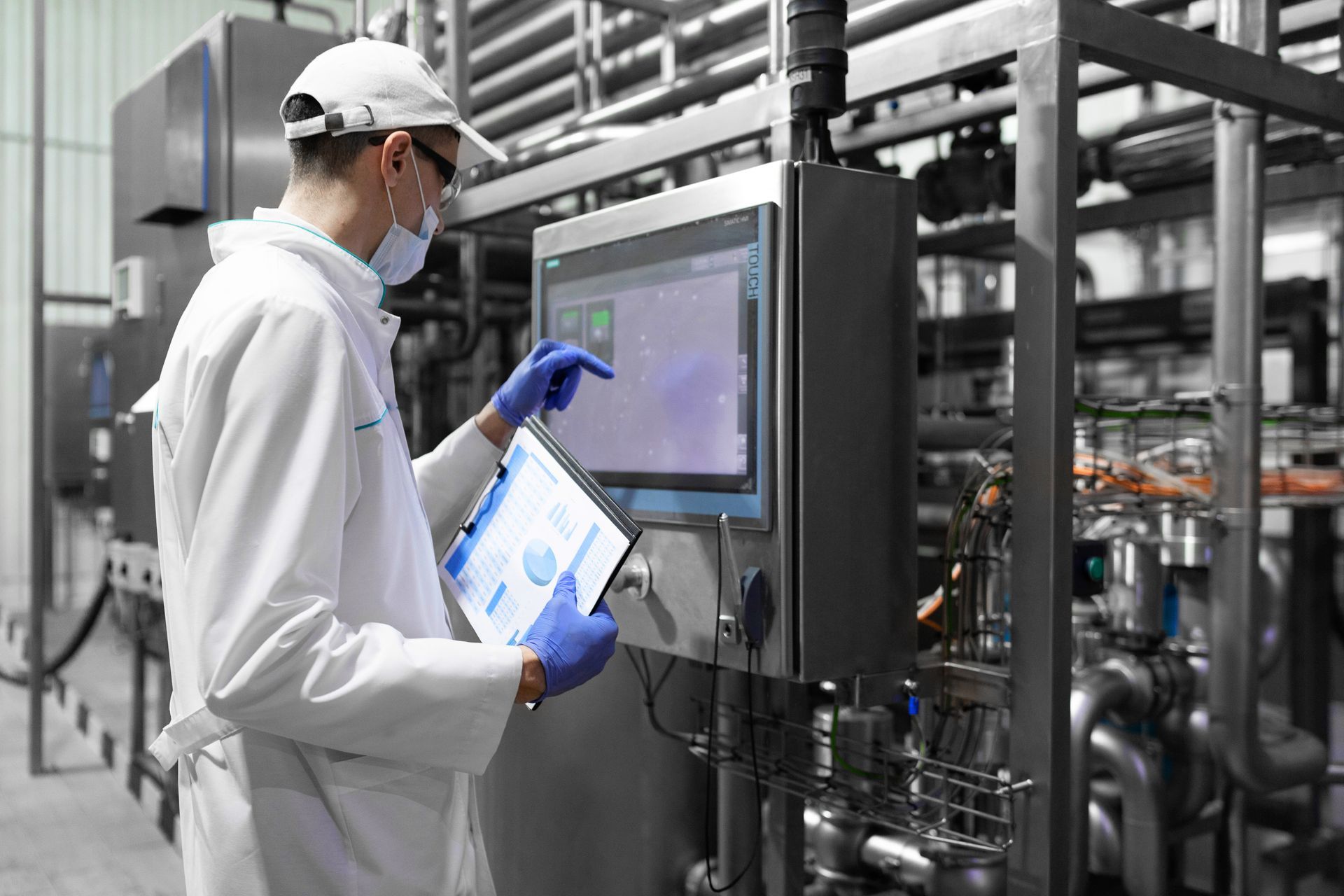 A man in a lab coat is using a tablet computer in a factory.