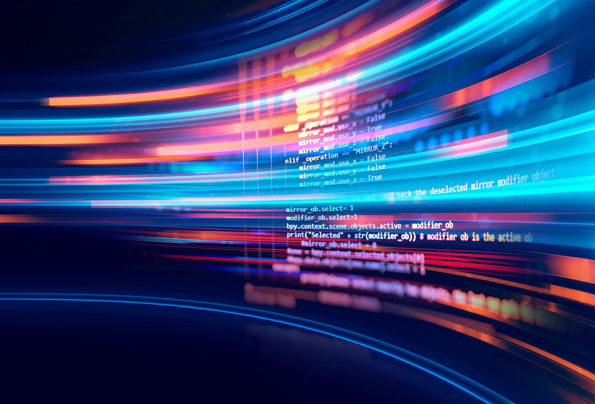Abstract digital illustration of data streams with blurred blue and orange lines.