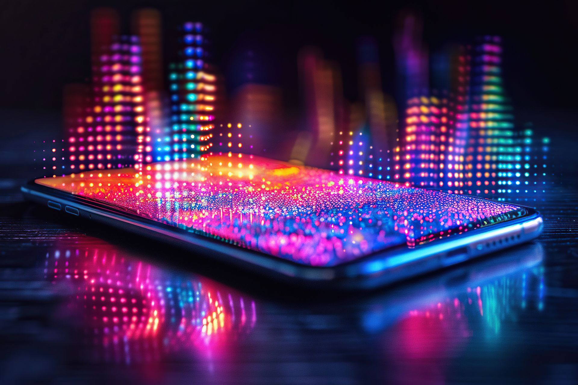 Smartphone with vibrant, colorful light display, resembling a city skyline, glowing on a dark surface.